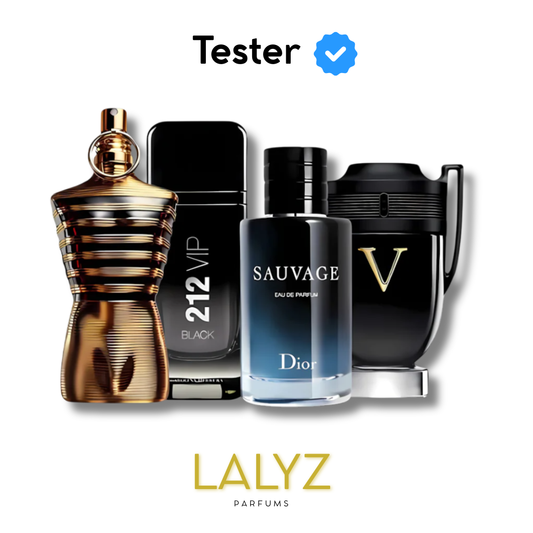 Combo de 4 Perfumes Tester – Le Male Elixir, 212 VIP Black, Sauvage e Invictus Victory