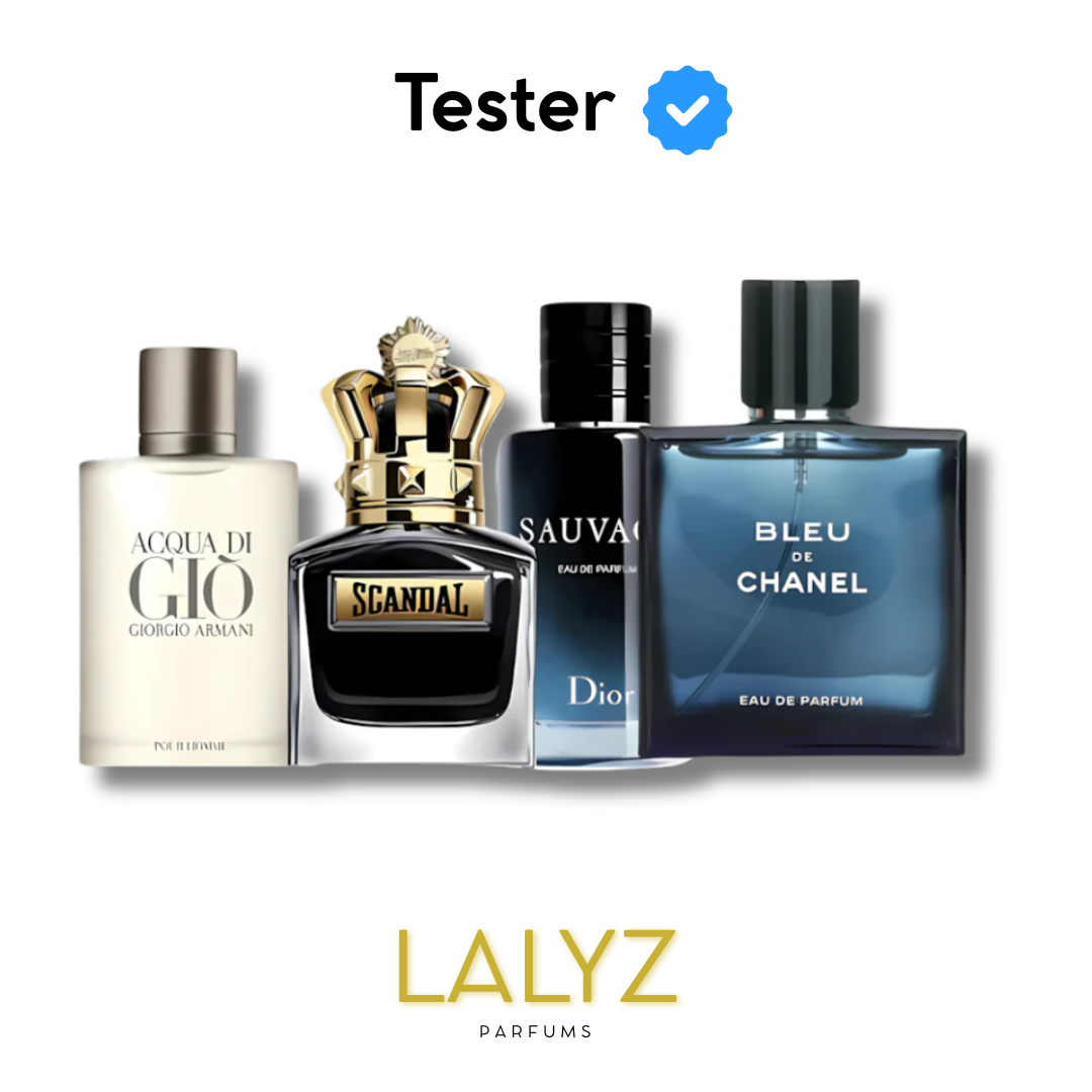 Combo de 4 Perfumes Tester – Acqua di Gio, Scandal, Sauvage e Bleu de Chanel