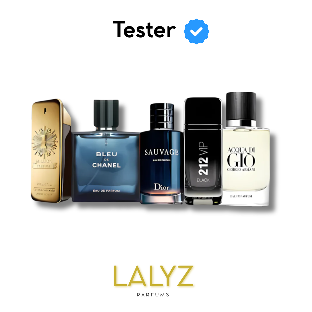 Combo de 5 Perfumes Tester – One Million, Bleu de Chanel, Sauvage, 212 VIP Black e Acqua di Giò Giorgio