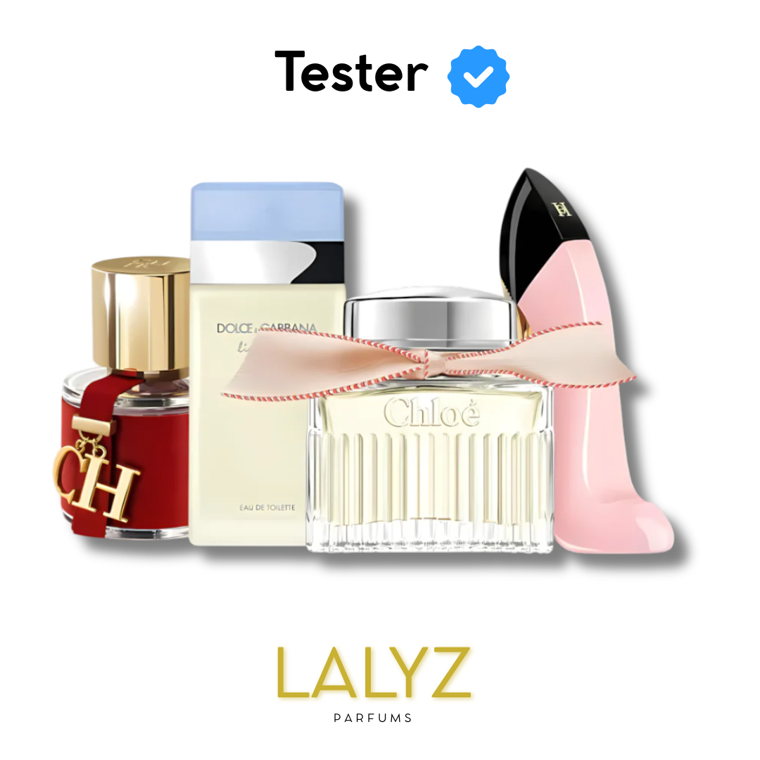 Combo de 4 Perfumes Tester – CH Feminino, Light Blue, Chloé e Good Girl Blush