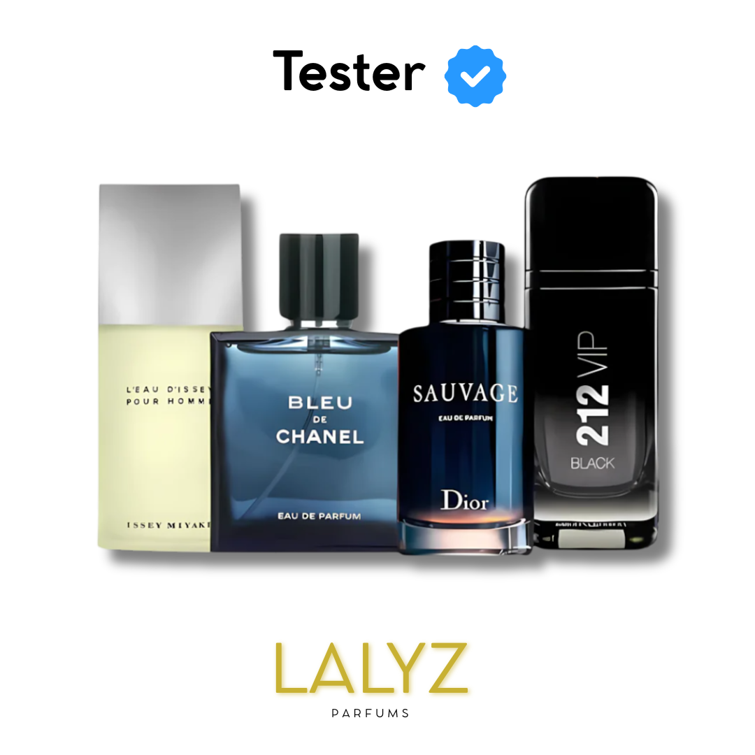 Combo de 4 Perfumes Tester – Issey Miyake, Bleu de Chanel, 212 VIP Black e Sauvage