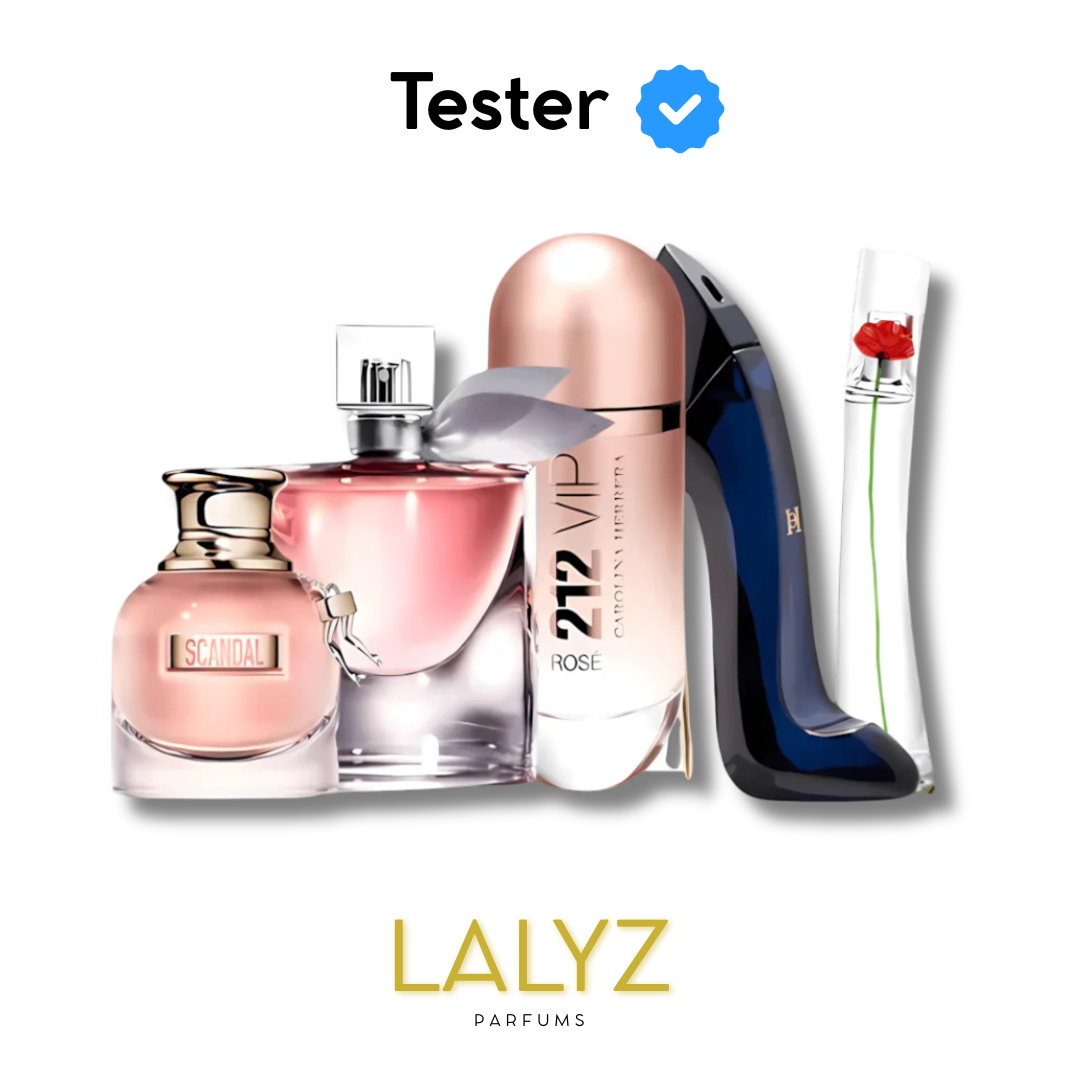 Combo de 5 Perfumes Tester – Scandal, 212 VIP Rosé, La Vie est Belle, Good Girl e Kenzo